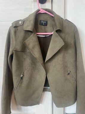 Tahari Olive Suede-Texture Moto Jacket